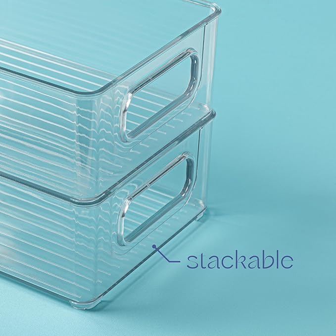 primebox 2 Pack Clear Plastic Organizing Container with Integraged Handles for Home Organization for Kitchen, Pantry, Fridge, Freezer, Cabinet,Bathroom, Playroom, Stackable. 10"x6"x3"