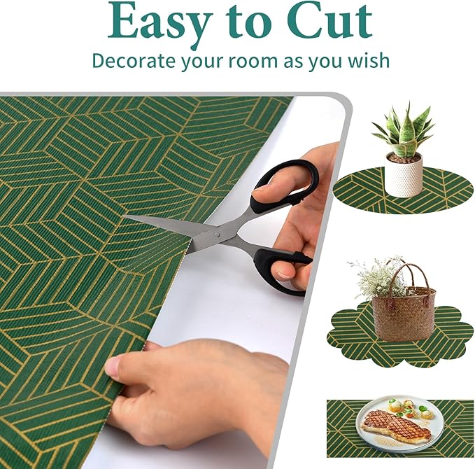 Shelf Liners for Kitchen Cabinets 12in x 20FT, Non Adhesive Cabinet Liner Strong Non-Slip Thickened Gold Green Geometric Drawer Liner, Easy to Clean for Shelf, Cabinet with Knife and Tape Measure