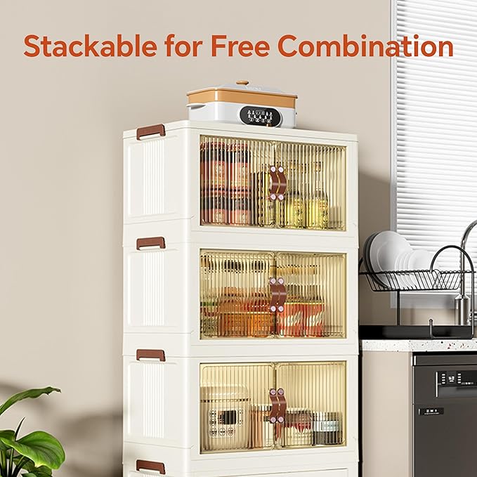 ONAIL 3-Tier Stackable Storage Bins with Lids 65 QT, Collapsible Storage Cabinet Bins with Wheels and Doors, Plastic Foldable Storage Box Container with Drawer for Clothes, Home, Office, Dorm