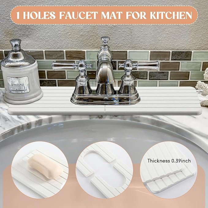 Teenyyou an Oval Hole White Faucet Mat for Kitchen Sink 17.32" x 4.6" Kitchen Faucet Absorbent Mat Diatomite Splash Guard for Sink Quick Drying Stone Drip Catcher for Bathroom Counter
