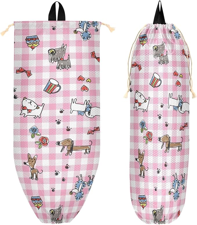 2 PCS Plastic Bag Holder Wall Mount Grocery Bag Holder Shopping Bag Trash Bag Storage Organizer Dispenser for Kitchen Closet 22 x 9 Inch Cute Dogs