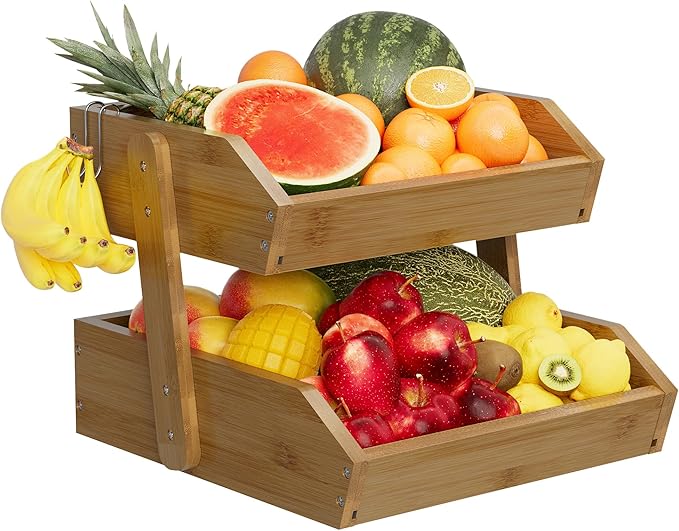 2 Tier Fruit Basket for Kitchen Counter, Large Capacity Fruit Storage Countertop, Fruit Holder, Wooden Pantry Organizers and Storage, Kitchen Countertop Organizer With Two Banana Hangers (Walnut)