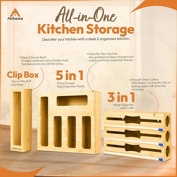 Storage Bag Organizer for Kitchen Drawer and Wall - 9 in 1 Baggie Organizer for Foil and Plastic Wrap with Cutter - Measure Drawer Height Before Purchasing