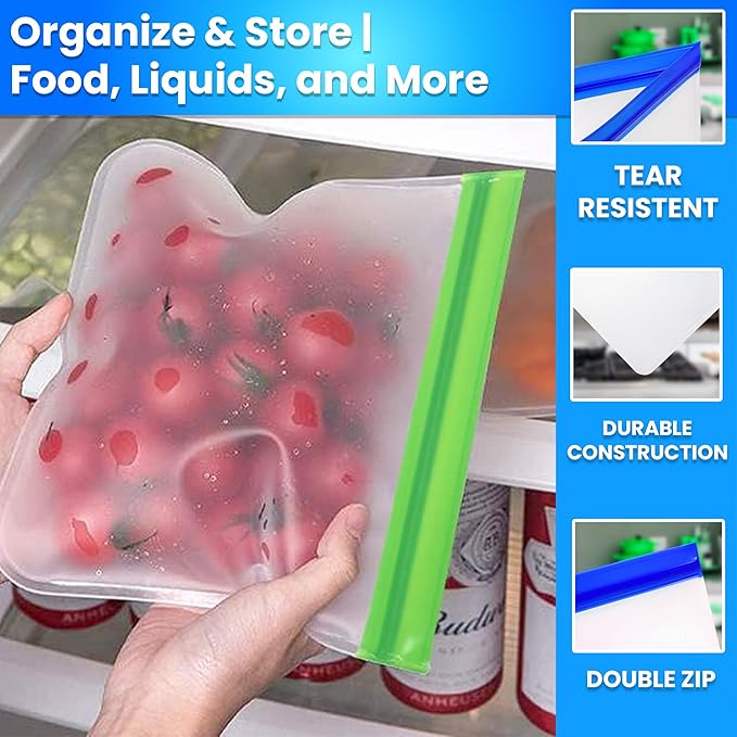 12-Pack Reusable Silicone Gallon Ziplock Freezer Bags – Extra Thick, BPA-Free, Leakproof, Stand-Up & Dishwasher Safe – Large Food Storage Bags for Meal Prep, Marinating, Travel & Kitchen Organization