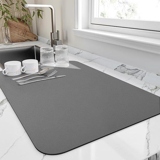 Dish Drying Mat for Kitchen Counter, Heat Resistant Drainer Mats with Non-slip Rubber Backed, Hide Stain Kitchen Super Absorbent Draining Mat, Easy to Clean Dish Rack Pad, Dark Grey 16"x18"
