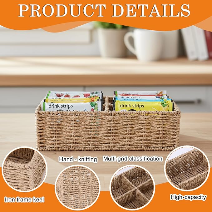 Drink Packet Organizer, Water Flavor Packets Container with 4 Compartments, Sugar Packet Holder, Wicker Snack Bar Organizer, Pantry Organizers and Storage