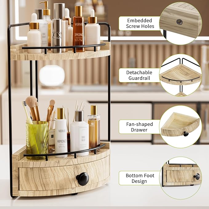 2-Tier Corner Bathroom Counter Organizer with Drawer & Embedded Screw Holes - Wooden Countertop Organizers for Skincare, Makeup Storage, Bathroom Sink Counter Shelf for Vanity, Kitchen