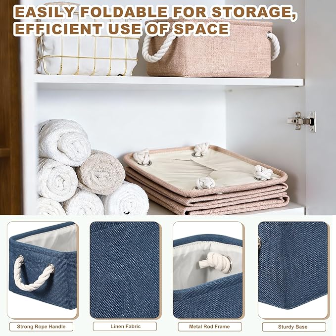 uxcell 2Pcs Fabric Storage Bins, 14 x 10.2 x 6.3 Inch Foldable Storage Cubes with Rope Handles Collapsible Bins Baskets for Home Office Shelves Closet Clothes Books Organizing, Dark Blue