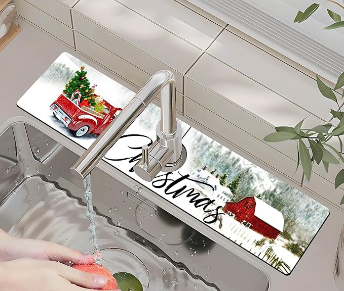 ptmaxs Kitchen Sink Splash Guard Faucet Mat - Super Absorbent Fast Drying Mat, Christmas Tree Pattern, 23.5" x 5.5" Microfiber Diatomite, Dish Drying Mat, 1 PC