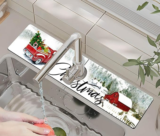 ptmaxs Kitchen Sink Splash Guard Faucet Mat - Super Absorbent Fast Drying Mat, Christmas Tree Pattern, 23.5" x 5.5" Microfiber Diatomite, Dish Drying Mat, 1 PC