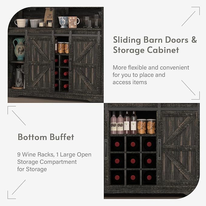 Farmhouse Coffee Bar Cabinet with Sliding Barn Door, Buffet Cabinet with Hutch, Kitchen Pantry Cabinet with Power Outlet & Lighting, Tall Liquor Chest for Home Dining Room, Black