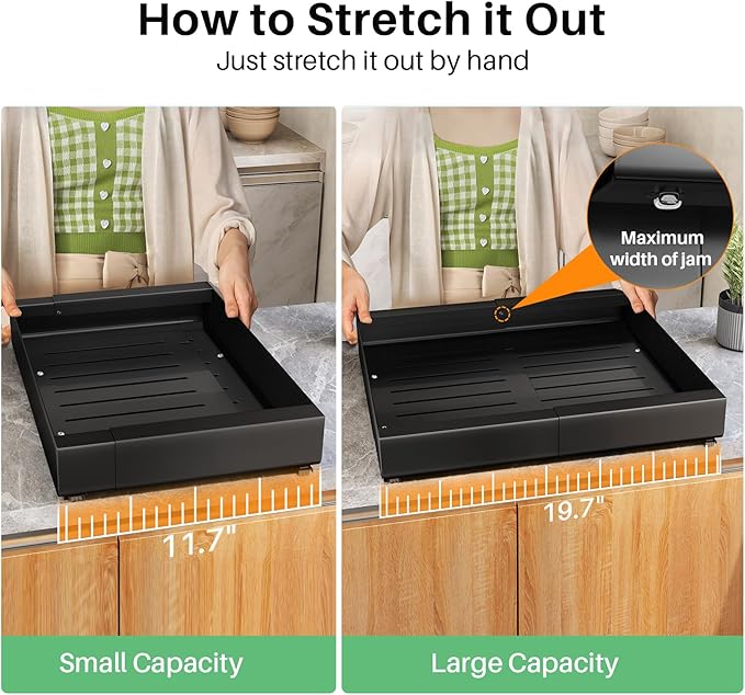 Kitstorack Pull out Cabinet Organizer, Expandable(11.7"-19.7") Heavy Duty Slide out Drawer Fixed with Adhesive Nano Film for Pots, Roll out Shelf Storage for Kitchen Base Cabinet Organization(Black)