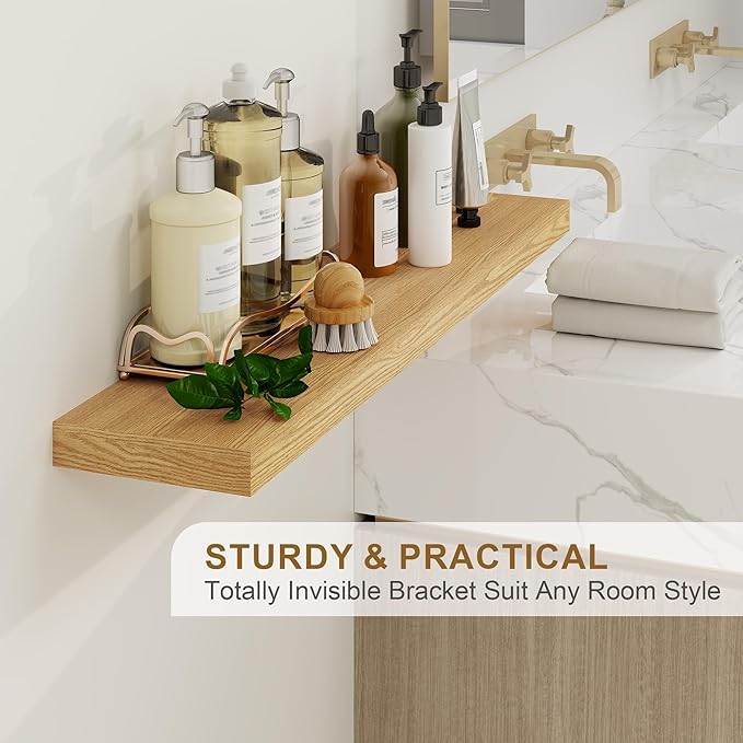 Fun Memories Floating Shelves for Wall, 24Inch Floating Shelves Set of 2, Hanging Shelf with Invisible Brackets, Wood Shelves for Living Room, Bedroom, Kitchen, Oak