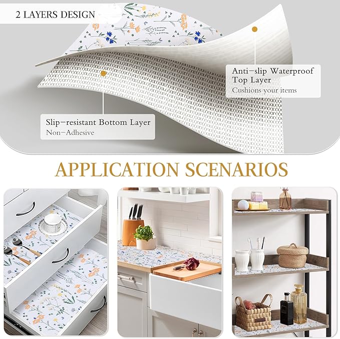 Beautysaid Shelf and Drawer Liner for Kitchen Cabinet, Non Adhesive Non Slip Shelf Paper Waterproof Washable Thickened for Dresser Pantry Shelve Bathroom Protector Liner(Floral,12 in x 20FT)