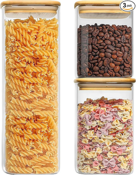 Glass Food Storage Jars Set of 3 with Bamboo Lid Airtight Glass Storage Canister, Square Kitchen Clear Food Storage Container Jar, for Pasta, Coffee, Cookies, Nuts, Cereal, Oats, Flour