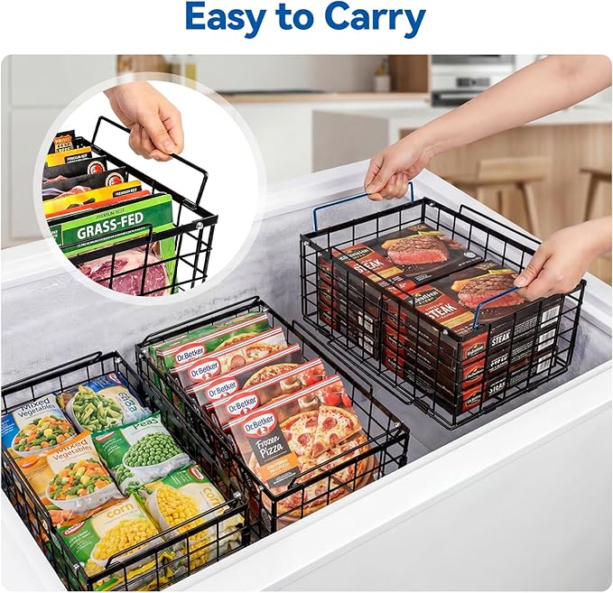 Reinforced Freezer Organizer Bins, 4 Pack Large Stackable Vertical Chest Deep Freezer Storage Containers, Thickened Black Wire Foldable Baskets with Handles