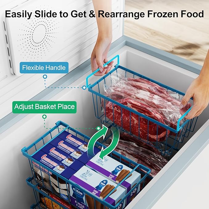 iSPECLE Deep Freezer Organizer Bins, 6 Pack Stackable Wire Baskets for 7 Cu.Ft Chest Freezers, Metal Food Storage Handles for Meat and Vegetables, Metal Handles for Sorting Frozen Food, Blue