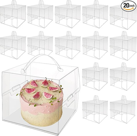 20 Pcs 5x5x4 Inch Clear Cake Boxes with Handle & Cake Boards, Easy Carrying Plastic Cake Containers, Cake Holder Carriers for Birthday Christmas Birthday Wedding, Party, Gift