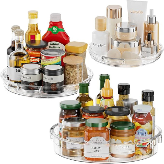 LazySpin 3 Pack Lazy Susan Organizer, Clear Lazy Susan Turntable Organizer for Cabinet, Kitchen, Refrigerator, Pantry, Bathroom, Rotating Spice Organization, 3 Size 9.25'' 10.6'' 12'', Acrylic