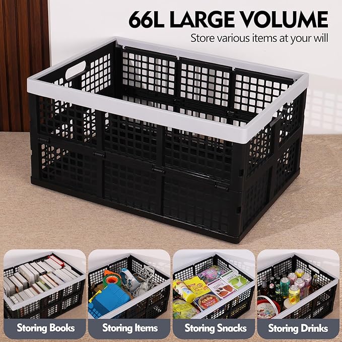 Zopnny 66 L Large Plastic Collapsible Storage Basket, Heavy Duty Stackable Storage Crate, 3 Packs