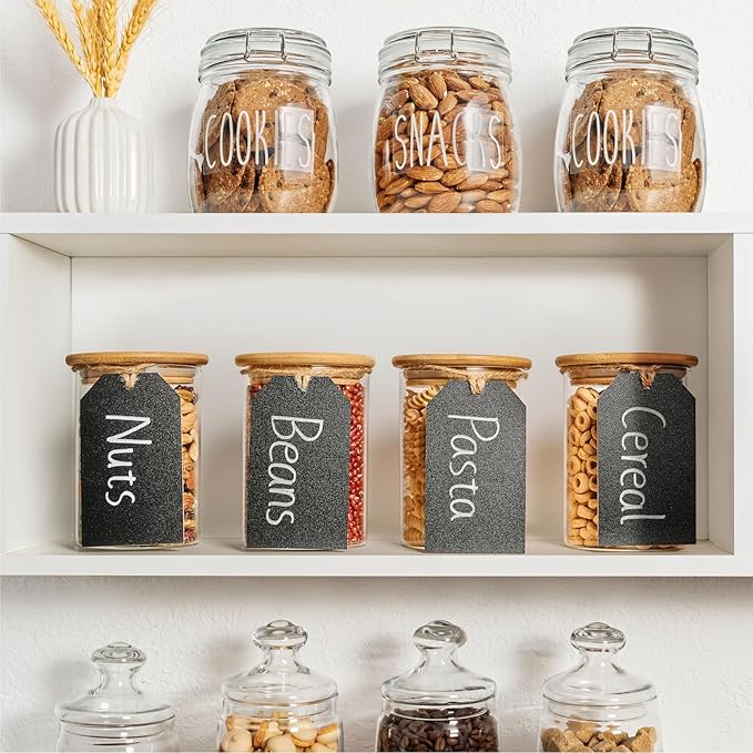 Talented Kitchen Black Wooden Tags - 4.33 x 2.5 in, Black, 24 Pack - Pantry Hanging Labels & Decorative Chalkboard Labels with Jute String for Baskets, Bins & Jars