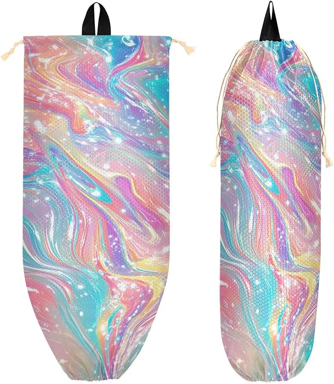 Plastic Bag Holder Wall Mount Grocery Bag Shopping Bag Storage Holder Organizer Dispenser with Adhesive Hook,for Kitchen Bathroom Home Decor 9x22 Inches Pink Liquid Gradient33