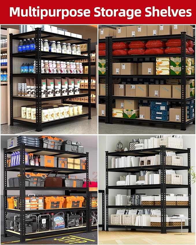 PrimeZone Heavy Duty Garage Storage Shelves - 48" W X 24" D X 72" H Adjustable Metal Shelving Unit, 5 Tier Industrial Shelves for Storage Standing Utility Rack for Warehouse, Pantry, Basement, Black