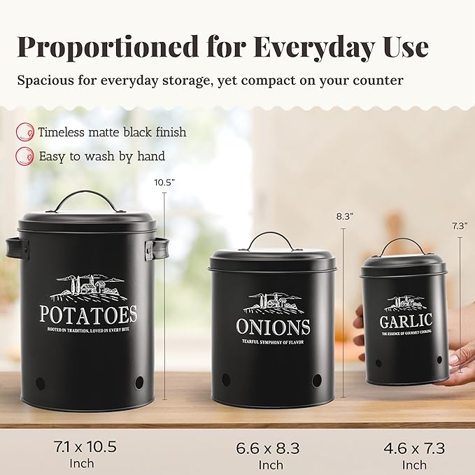 Potato and Onion Storage Bin Set – 3-Piece Ventilated Potato Storage Bin, Onion Storage Container and Garlic Container – Matte Black Finish