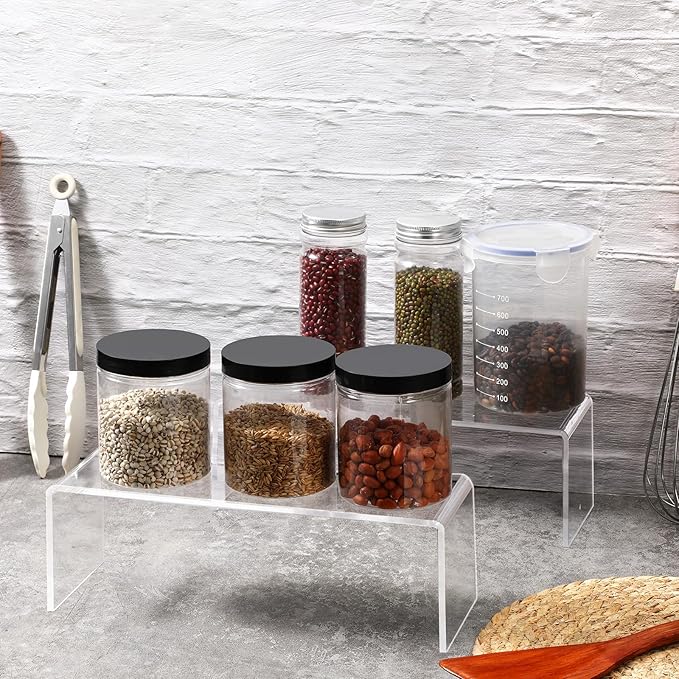 4 Pcs Acrylic Risers Display Stands, 12" x 4" x 4" Clear Acrylic Cabinet Organizer Shelf Kitchen Spice Rack Countertop Display Rack for Dishes, Bottles, Perfumes, Ornaments (5mm Thick)