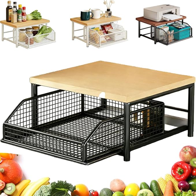 Kitchen Countertop Organizer with Drawer and Wire Basket, 2-Tier Hardwood Shelf for Microwave, Sturdy Hardwood Shelf, Space-Saving, for Storage in Family Tables, Kitchens, Bedroom Home (1, A-3)