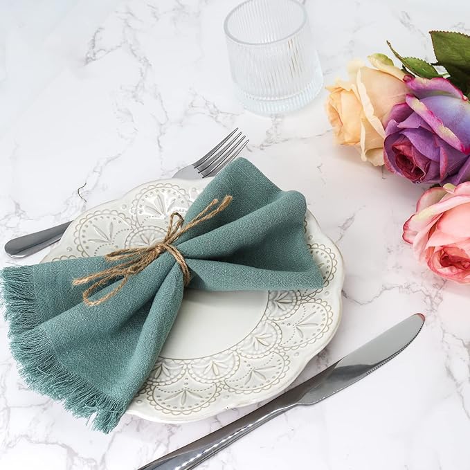 Handmade Cloth Napkins with Fringe,18 x 18 Inches Cotton Linen Napkins Set of 4 Versatile Handmade Square Rustic Fringe Napkins for Dinner, Wedding and Parties, Sage Green