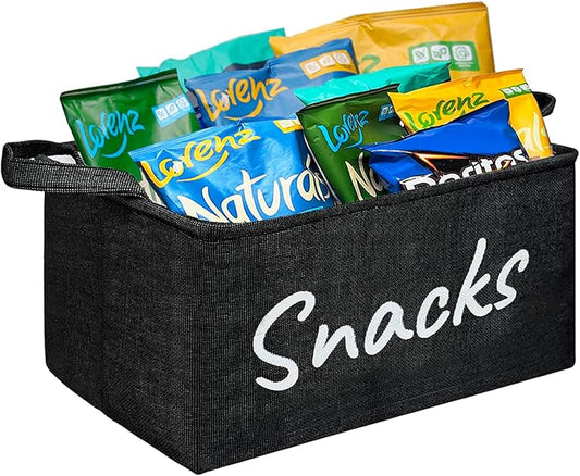 Snack Bin for Pantry - Snack Storage Basket Organizer for Storing Chips, Cookies, Pretzels, Popcorn and more - Kitchen Organization (Black 1pcs)