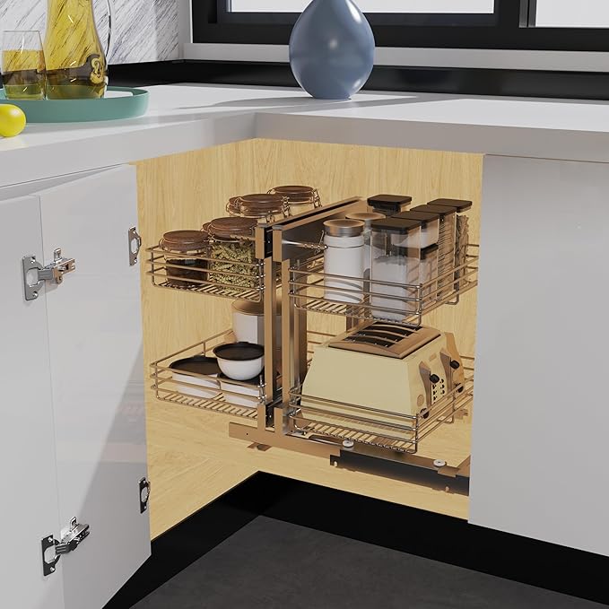 Blind Corner Cabinet Pull Out 2 Tier, Left & Right Blind Corner Cabinet Organizer for 20" W, Cabinet Pull Out 4 Shelves, Chrome, Slide Out Drawers for Kitchen or Bathroom Cabinets