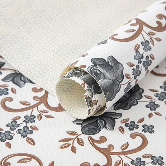 FIFTY FEET 18X96 Inch Shelf Liner for Kitchen Cabinets, PVC Drawer Liner for Dresser Non-Slip Bathroom, Non-Adhesive Cabinet Liner Washable (Black Floral)(1 Roll)