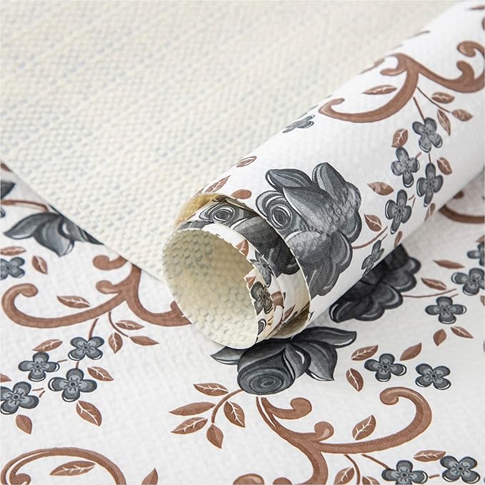 FIFTY FEET 18X96 Inch Shelf Liner for Kitchen Cabinets, PVC Drawer Liner for Dresser Non-Slip Bathroom, Non-Adhesive Cabinet Liner Washable (Black Floral)(2 Roll)