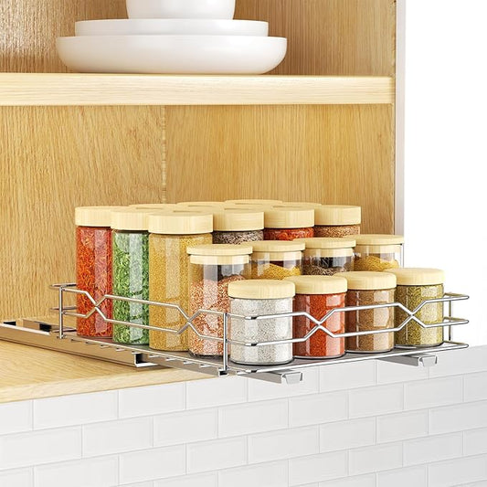 Pull Out Spice Rack Organizer for Cabinet, Slide Out Spice Organization for Cabinet Storage for Spices, Bottles & Jars, Sliding Spice Shelf for Narrow Kitchen Cabinets, Pantry, 8.5"W x 10.5"D x 2.5"H