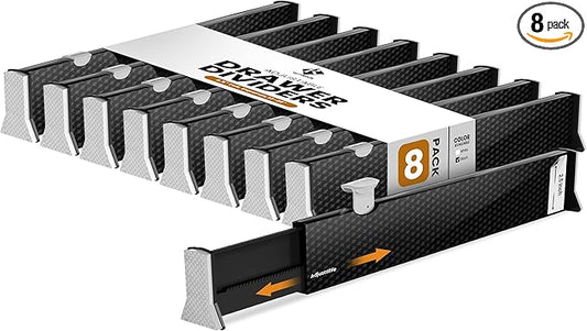 RAPTUROUS Adjustable Drawer Dividers 8 Pack, 2.5" High, 13-22" Long, Dresser Drawer Organizer for Bedroom, Closet, Kitchen, Nursery, Office, Strong Hold, Soft Foam Edges, Black