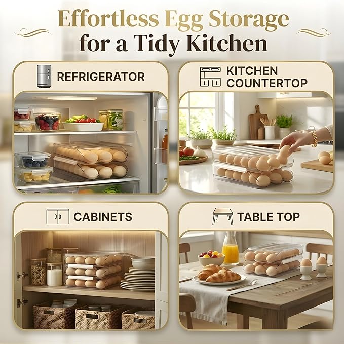 Egg Holder for Fridge, Automatic Rolling Egg Organizer for Refrigerator, Clear Plastic Storage for Refrigerator with Lid, Large Capacity Dispenser, Stackable Container (2 Layers Holder 36 Eggs)