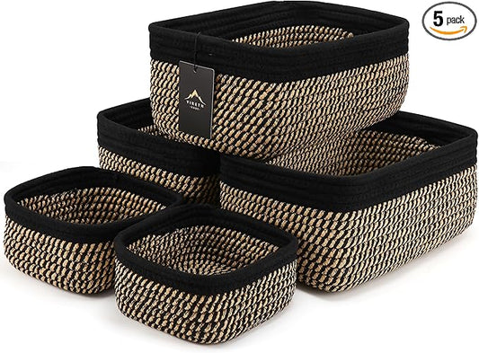 5-Pack Small Woven Rope Storage Baskets – 2 Sizes Organizer Bins for Closet, Shelf, Bookshelf, Nursery, Changing Table, Fabric Cube Boxes, Rectangular Shallow Bins for Bathroom, Toy & Home