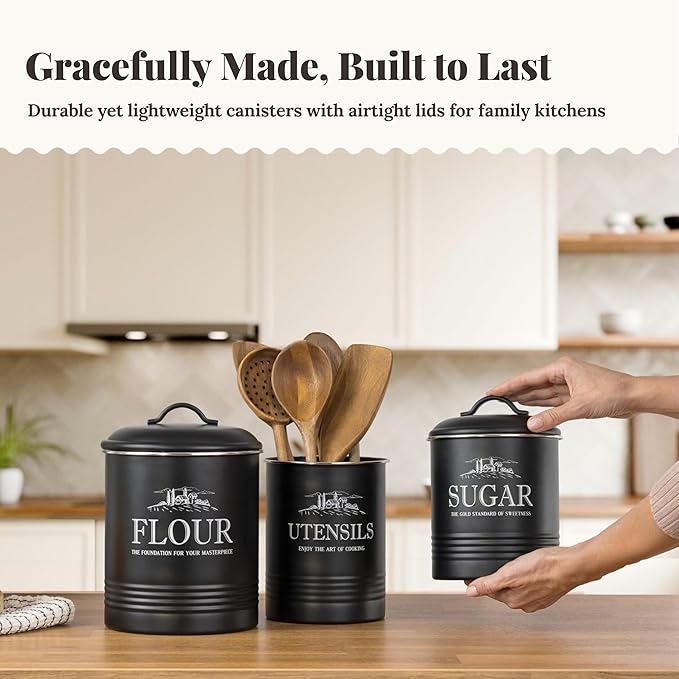 Kitchen Canisters for Countertop – 3-Piece Airtight Canister Set for the Kitchen Counter with Utensil Holder – Flour Sugar Containers – Matte Black Finish