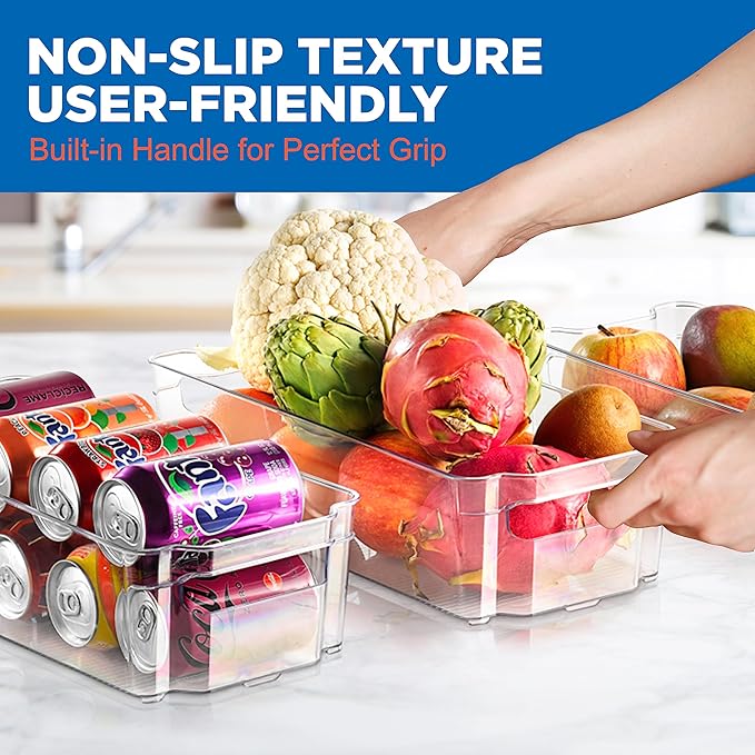 NutriChef 8-Piece Refrigerator Storage Bins - Stackable Fridge Organizers for Freezer, Kitchen, Countertops, Cabinets, & Pantry - 4 Wide & 4 Narrow Bins w/Egg Holder - Dishwasher Safe, Clear