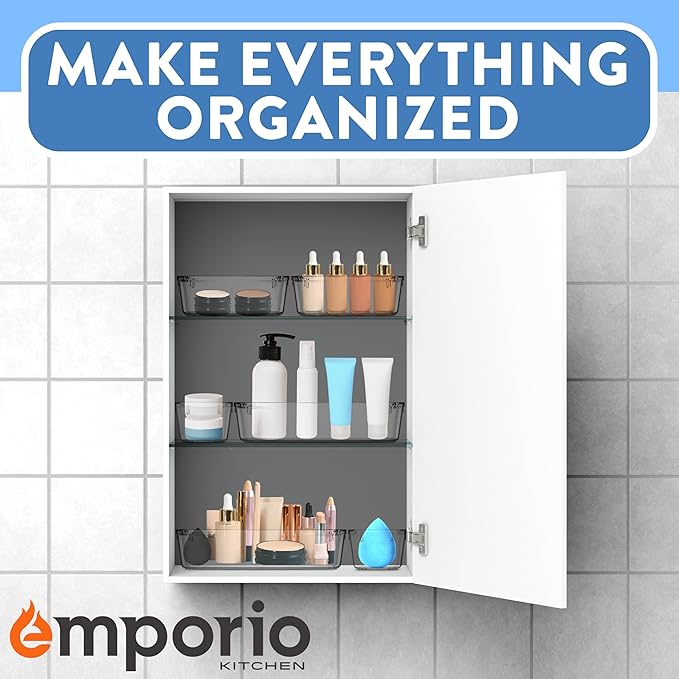 Drawer Organizer Set - Includes 3-piece 9x6" bins, 6-piece 9x3" bins, 8-piece 6x3" Bins, 8-piece 3x3" Bins, Stackable 4 Size Storage Trays for Makeup, Kitchen, and Office, Pack of 25