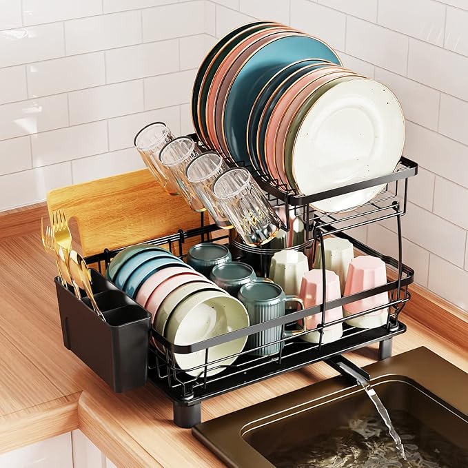 GSlife Dish Drying Rack with Drainboard - Large 2 Tier Dish Rack with 12 Plate Slot, Dish Racks for Kitchen Counter with Utensil Holder Cup Holders Cutting Board Holder, Black