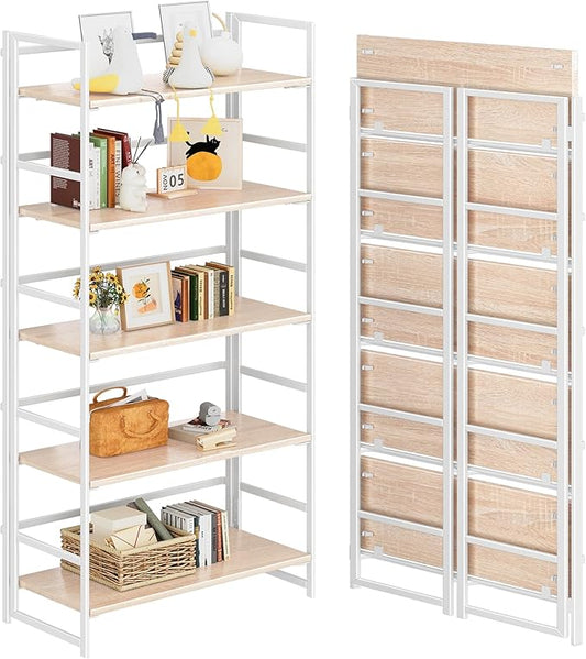 4NM No Assembly 5 Tiers Collapsible Book Shelves, 51.2" H Folding Bookshelf Bookcase Open Industrial Foldable Shelves for Bedroom, Living Room, Home Office - Natural White