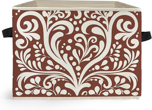 Vintage Reddish Brown Abstract Floral Storage Box Bins, Boho Classical Art Nouveau Deco Flower Collapsible Storage Basket Organizer for Bedroom Laundry Room Home Clothes Toys Books