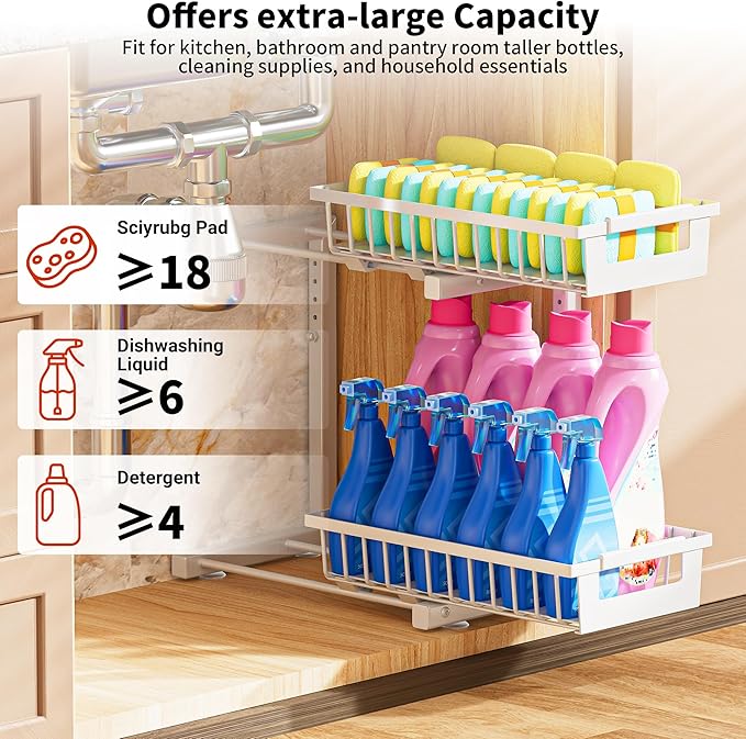 TOFWOF Under Sink Organizer 2 Pack, 2 Tier Adjustable Height Reinforced Carbon Steel Under Kitchen Bathroom Sink Storage Organizer, Smooth Pull-Out Under Sink Cabinet Rack Drawer Organizer, White