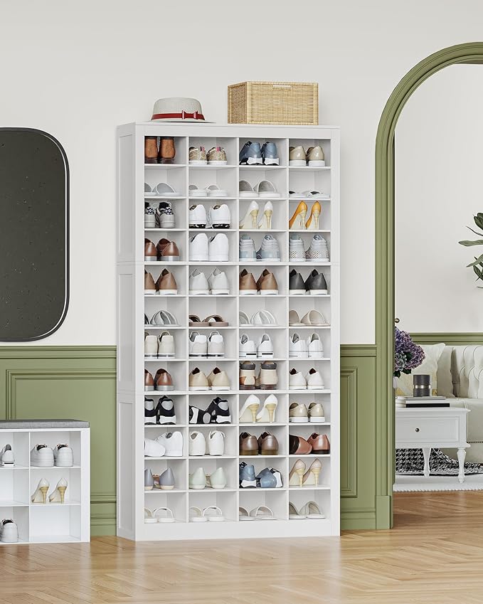 Shoe Storage Cabinet, 48 Pairs Free Standing Closet Organizer, 9 inch Widened Cell Wood Shoe Organizer, 12 Tiers Vertical Space Saving Shoe Rack for Entryway, Cloakroom, White SR39603X
