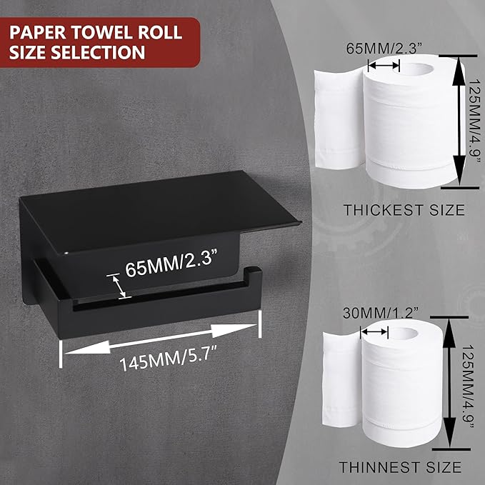 LANC Matte Black Toilet Paper Holder with Shelf, Adhesive or Screw Bathroom Toilet Paper Roll Holder with Phone Shelf for Bathroom Wall Mount, Tissue Roll Holder Stainless Steel, A8367MB