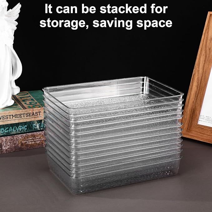 12 Pcs Plastic Drawer Organizer Trays, 10" x 7", Acrylic Organizers with Pebble-textured Clear Desk Storage Tray for Makeup, Jewelries, Kitchen Utensils, Bathroom and Office