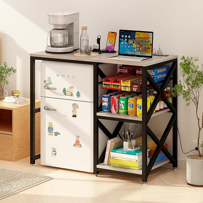 Kitchen Bakers Rack with Power Outlet,Mini Fridge Cabinet with Mesh Basket, Mini Fridge and Microwave Table with Storage for Office,Kitchen,Living Room,Coffee Bar,Patio,Greige